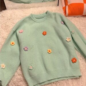 Charming Floral Knit Sweater in Mint